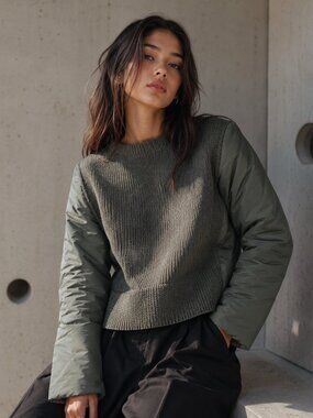 ZARA OLIVE WOOL BLEND SWEATER W/ PADDED NYLON SLEEVES | MADE IN ITALY | RARE | M